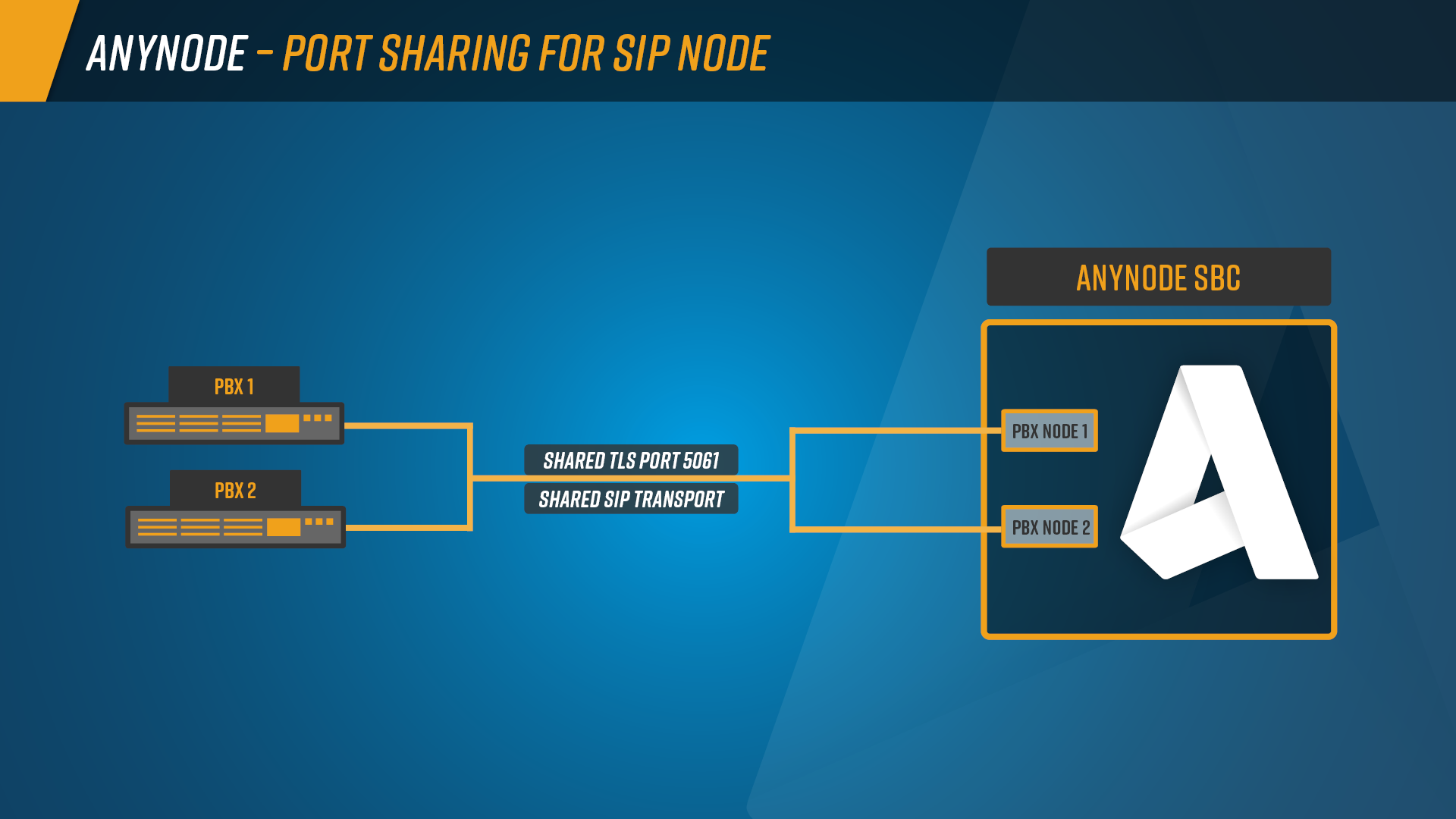 Infografik: Zwei getrennte PBX-Nodes teilen sich den TLS-Port 5061 und einen SIP-Transport. 