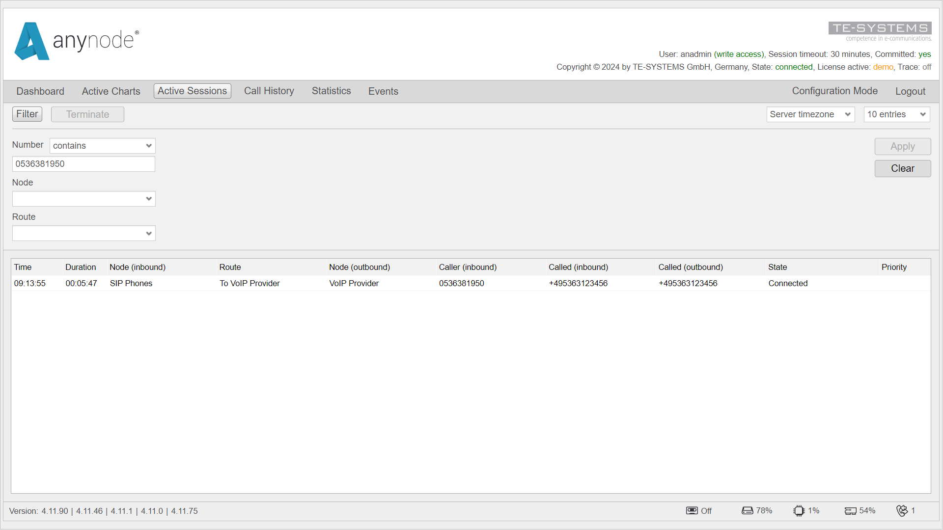 Screenshot: anynode – The Software SBC with the frontend in the active sessions view, filtering a test call by the caller's number.