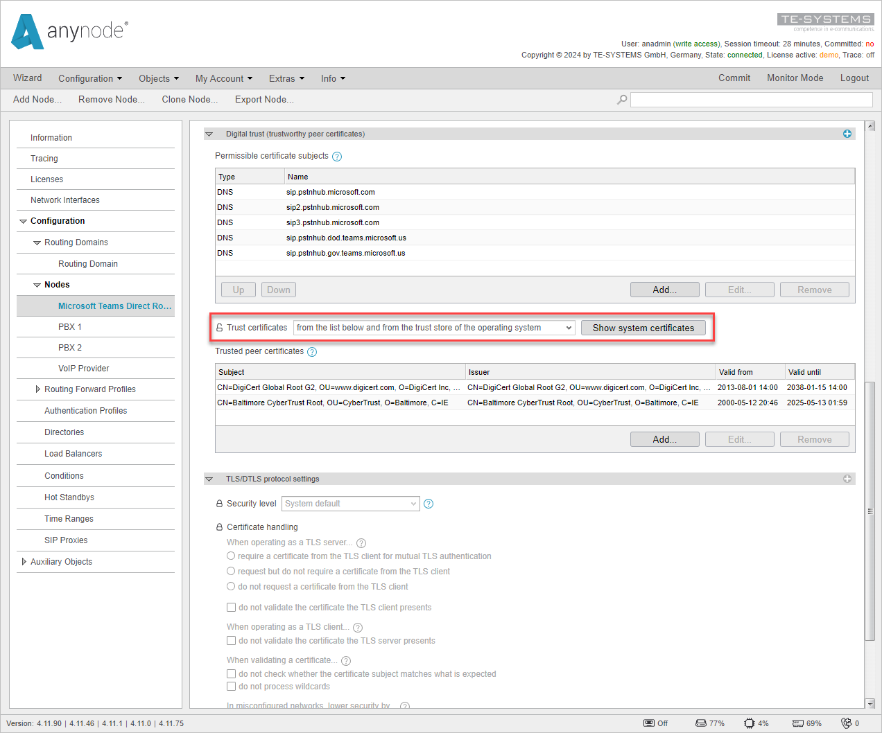 Screenshot: Perfil de seguridad de red en Microsoft Direct Routing Teams Node y la configuración seleccionada para confiar en los certificados del Trusted Store del sistema operativo. Haga clic en "Mostrar certificados del sistema" para mostrar todos los certificados en los que confía anynode. 