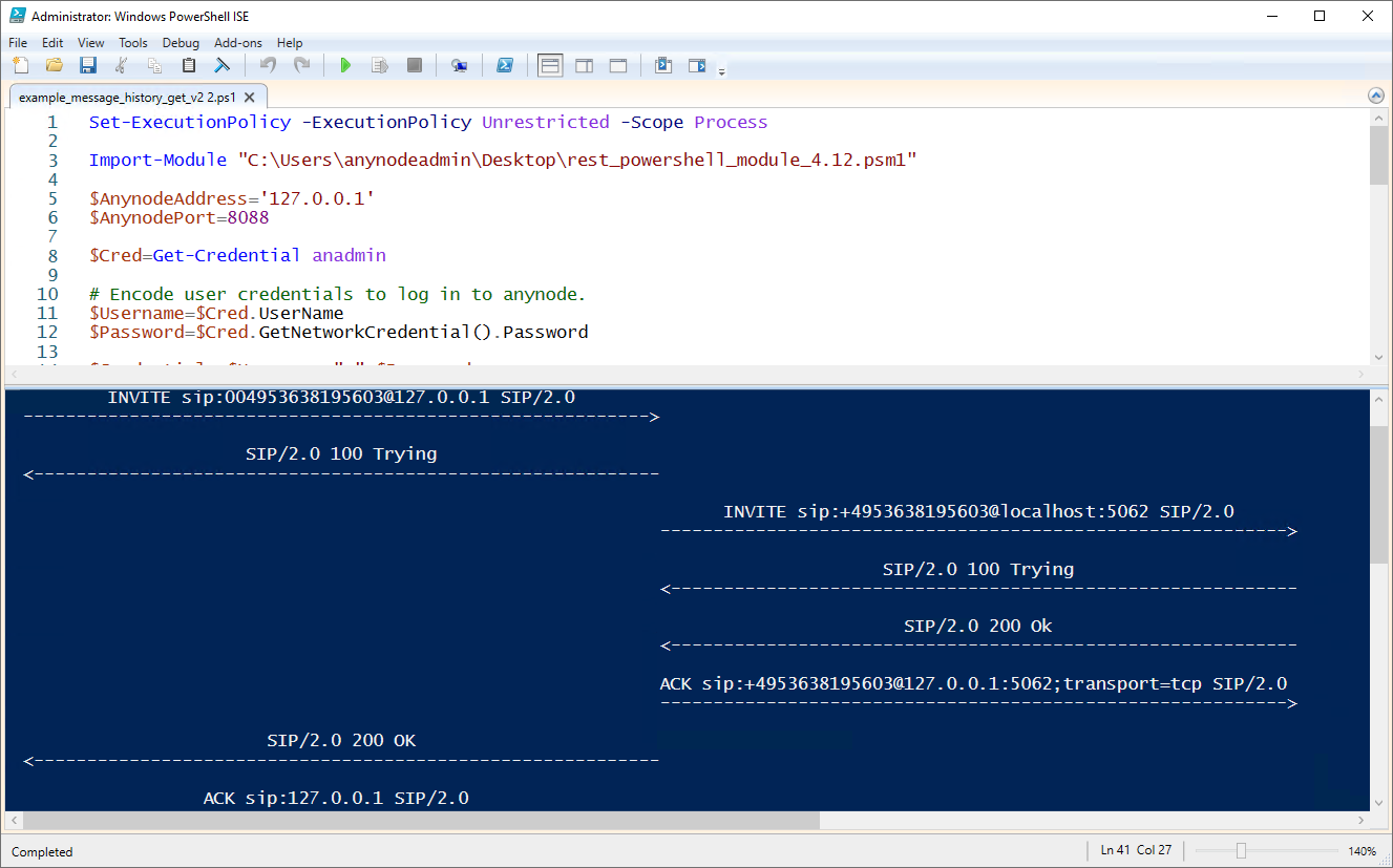 Screenshot: Abruf des gespeicherten SIP Flows aus der Call History von anynode – The Software SBC über die REST API Schnittstelle mit einem PowerShell Script. Für das Format sind verschiedene Optionen möglich, z. B. PCAP.