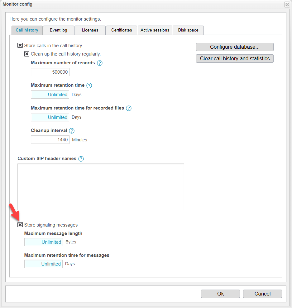 Screenshot: Saving the SIP flow in the call history can be activated in the monitor settings. When "Enable SIP Flow Recording" is activated, all future calls are saved with a SIP ladder.