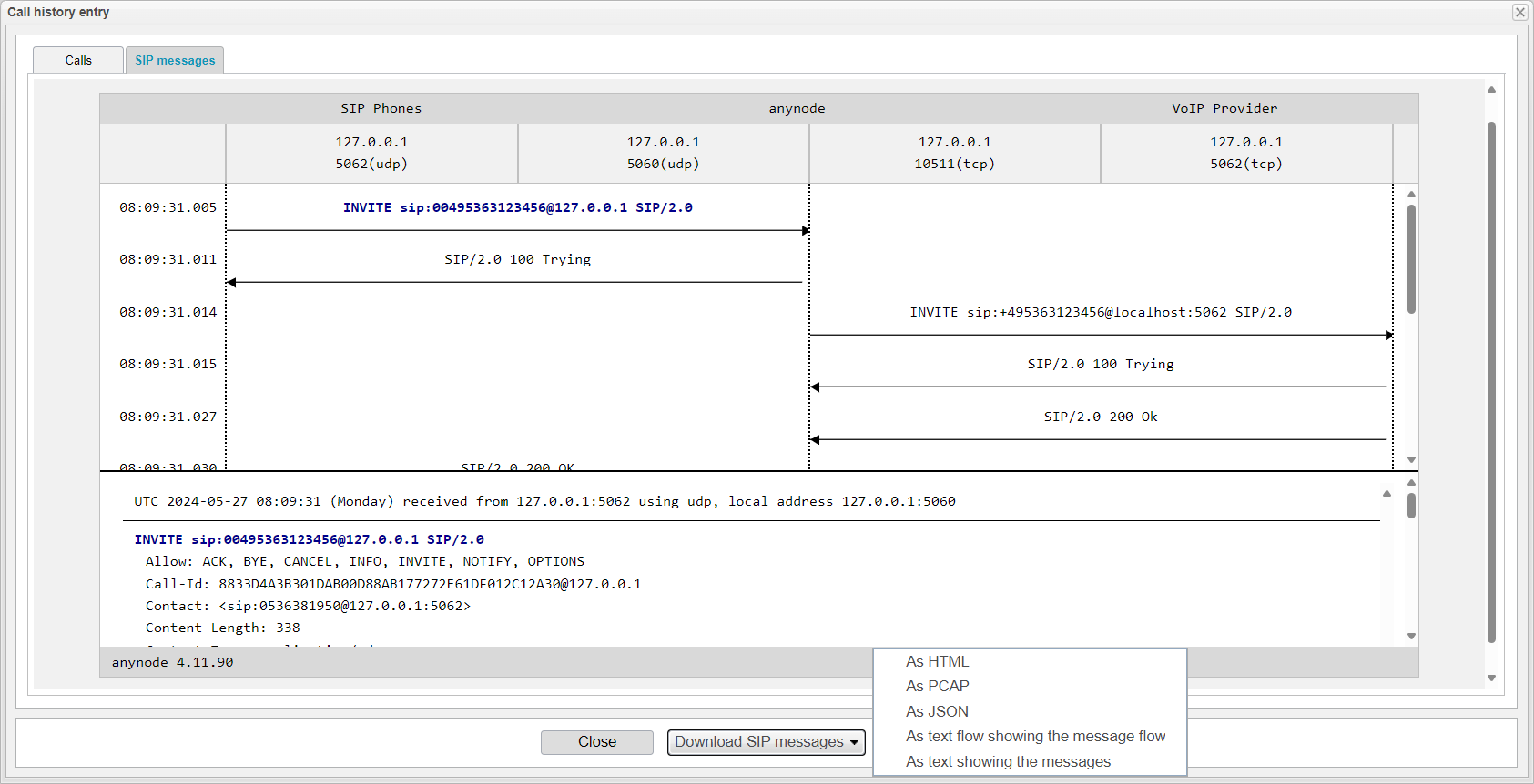 Screenshot: Vista del flujo SIP en la entrada del historial de llamadas con varios formatos de exportación en anynode – The Software SBC. Para los usuarios de Wireshark, se ofrece el formato PCAP.