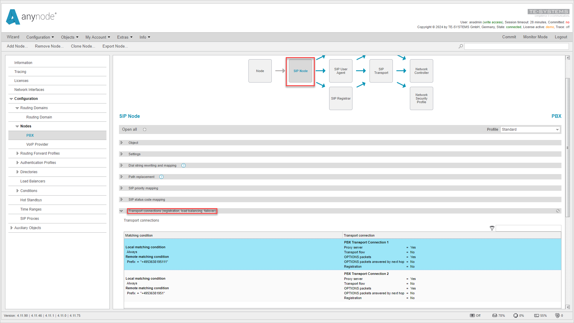 Screenshot: Resumen de las conexiones de transporte configuradas en el nodo PBX en el objeto Nodo SIP con cadenas de marcación remota como condición de coincidencia remota.