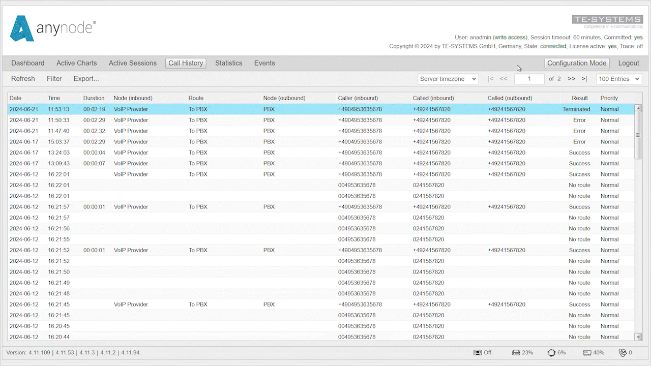 Animated GIF: Ist SIP Flow Recording aktiviert, kann jeder Ruf in der Call History mit einem Signalflussdiagramm (SIP ladder) abgerufen werden.