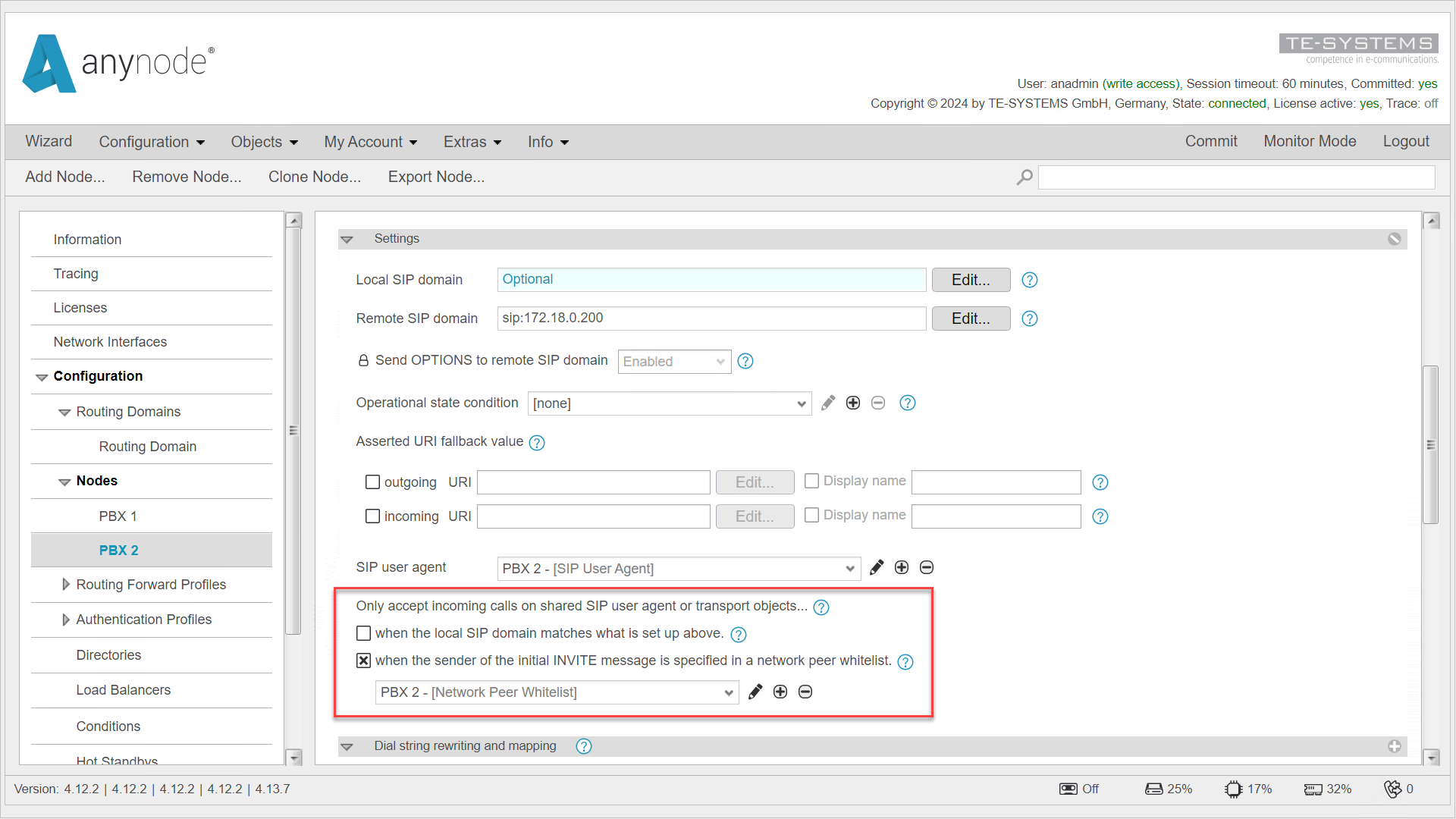 Screenshot: An incoming call can be assigned to a specific node in the SIP node settings. At least one of the following two criteria must then be met: Match of the Local SIP Domain and Match with the initial INVITE message in the Network Peer Whitelist