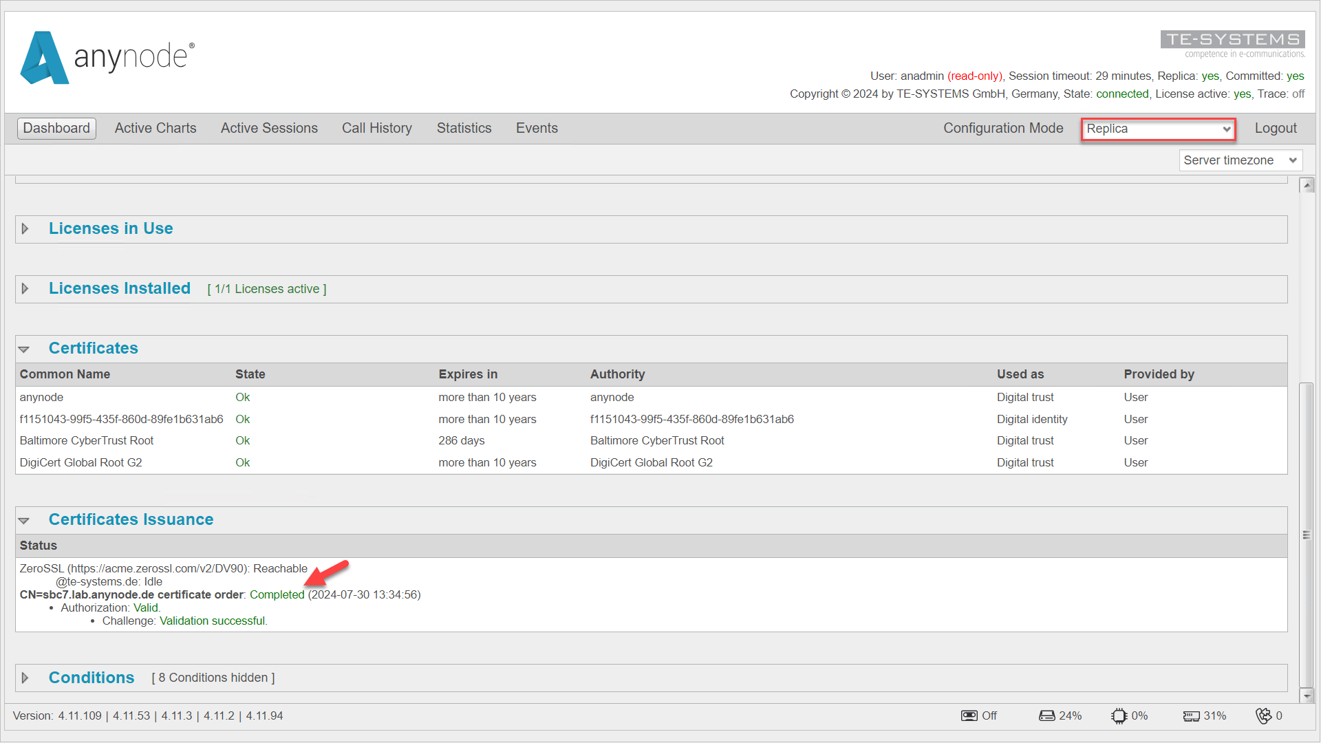 Screenshot: Visualización en modo monitor del sistema anynode secundario para el certificado replicado correctamente desde ZeroSSL.