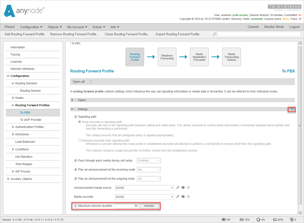 Screenshot: anynode – The Software SBC frontend with routing forward profile settings and maximum session duration.