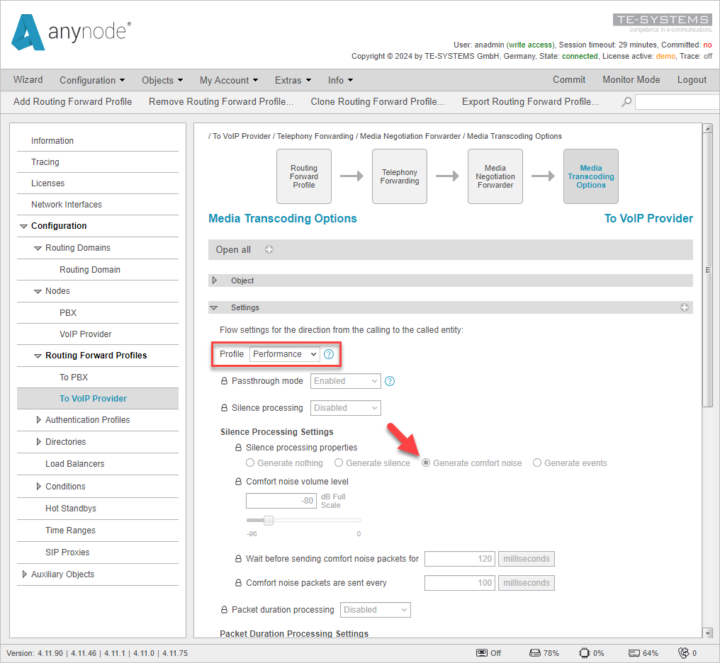 Screenshot: anynode – The Software SBC with performance profile in the routing forward profiles, generating comfort noise.