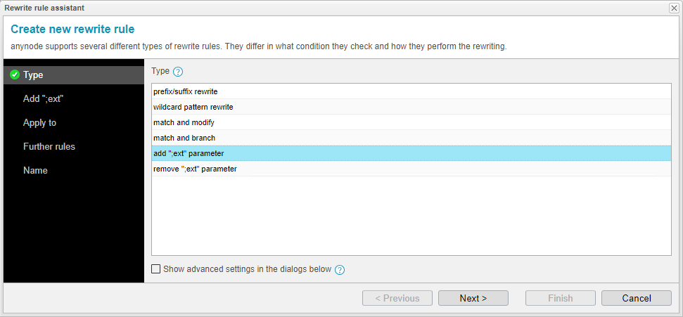 Screenshot: anynode - Die Software SBC mit Rewrite-Rule-Assistent und Funktion zum Hinzufügen von ext=-Parametern.