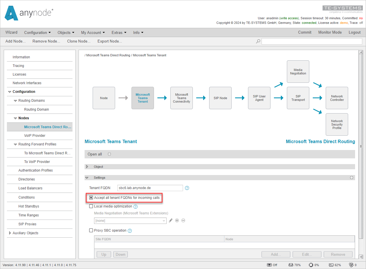 Screenshot: anynode – The Software SBC frontend with accept all tenant FQDNs function in the Microsoft Teams Tenant object.