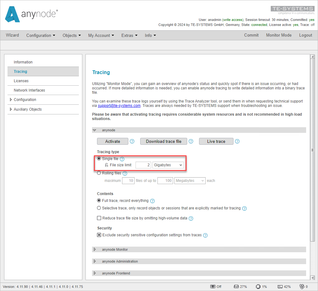 Screenshot: anynode – The Software SBC with tracing options and single file size limit settings.