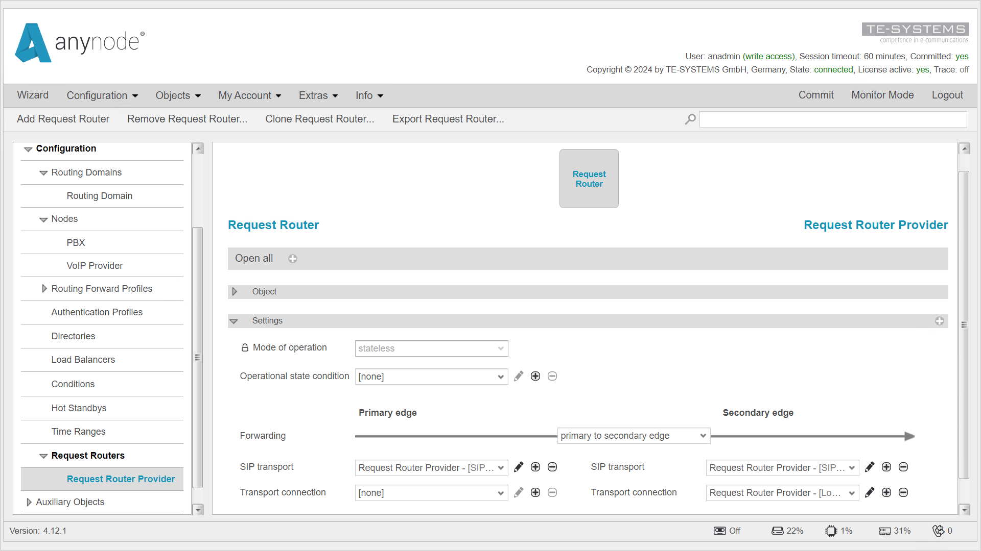 Screenshot: anynode frontend overview of further settings for the primary edge and secondary edge in the Request Router.