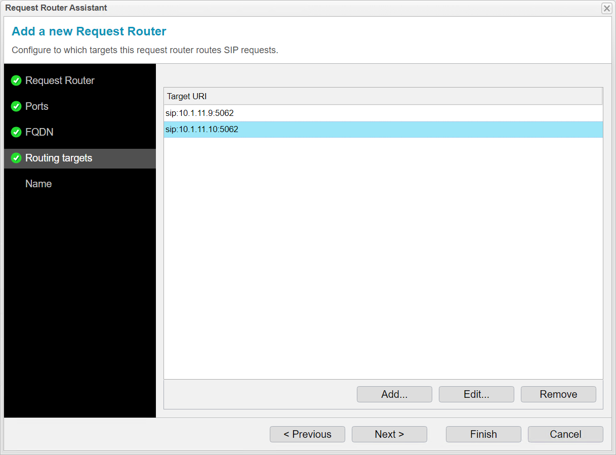 Screenshot: Las destinos para el balanceo de carga se pueden configurar en el Asistente de Request Router.