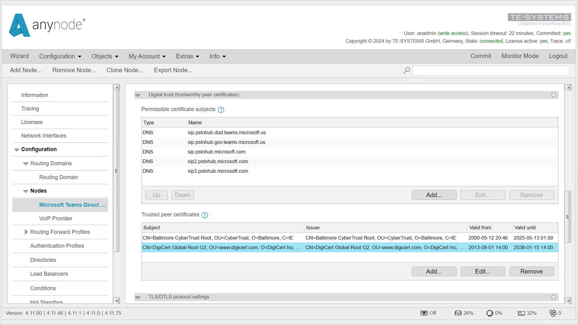 Screenshot: Vor der Wiederherstellung des fehlenden Zertifikats in anynode – The Software SBC ist eine Voransicht der Änderungen möglich. 