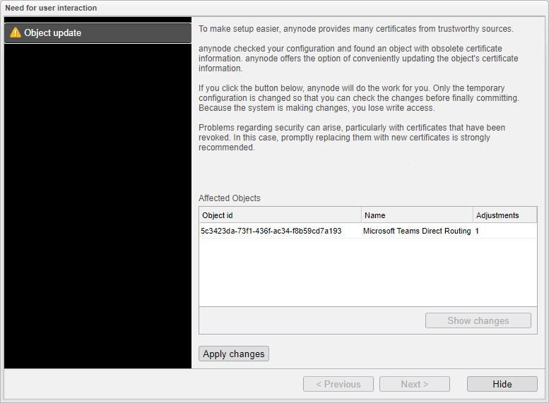 Screenshot: Information message for offering the option of conveniently updating the network security profile object with the certificate update service in a Microsoft Teams Direct Routing node with anynode – The Software SBC.