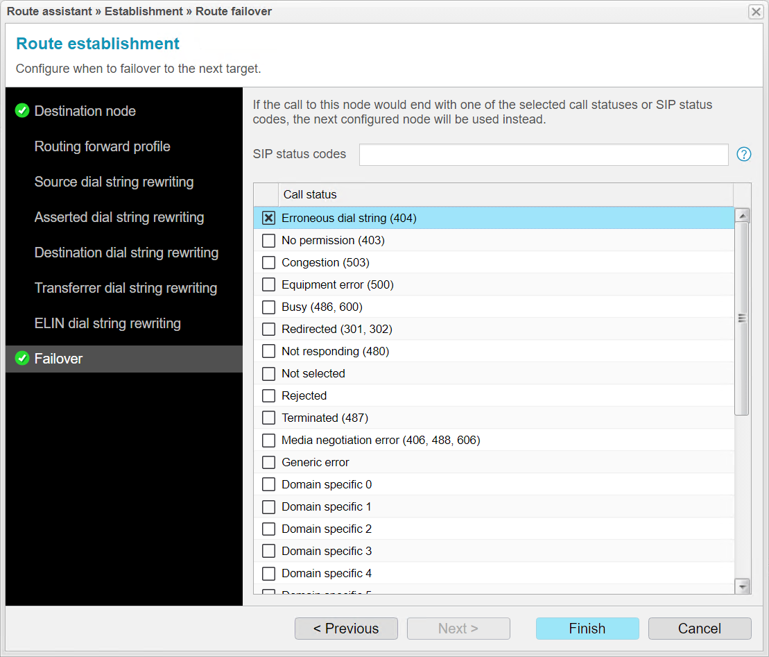 Screenshot: anynode – The Software SBC con Asistente de Rutas y una lista de códigos de estado configurable de manera flexible para el enrutamiento de conmutación por error.