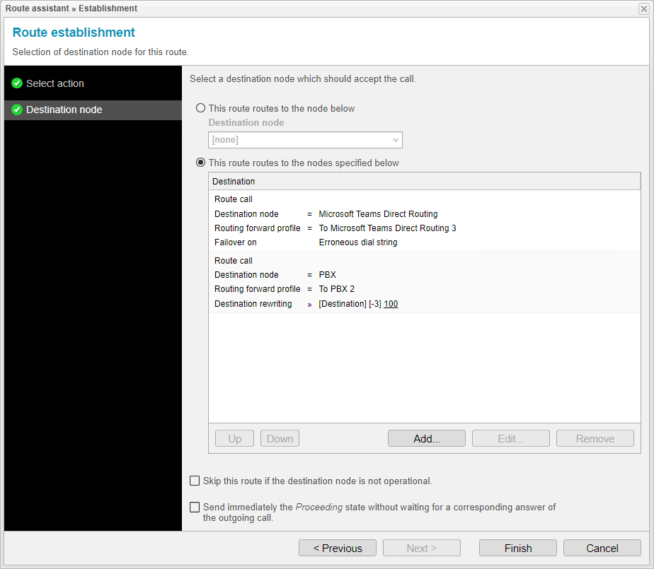 Screenshot: anynode – The Software SBC mit Route Assistent und der Liste der Ziel-Nodes im Route Establishment. Ein Rewriting der Rufnummer ist optional.