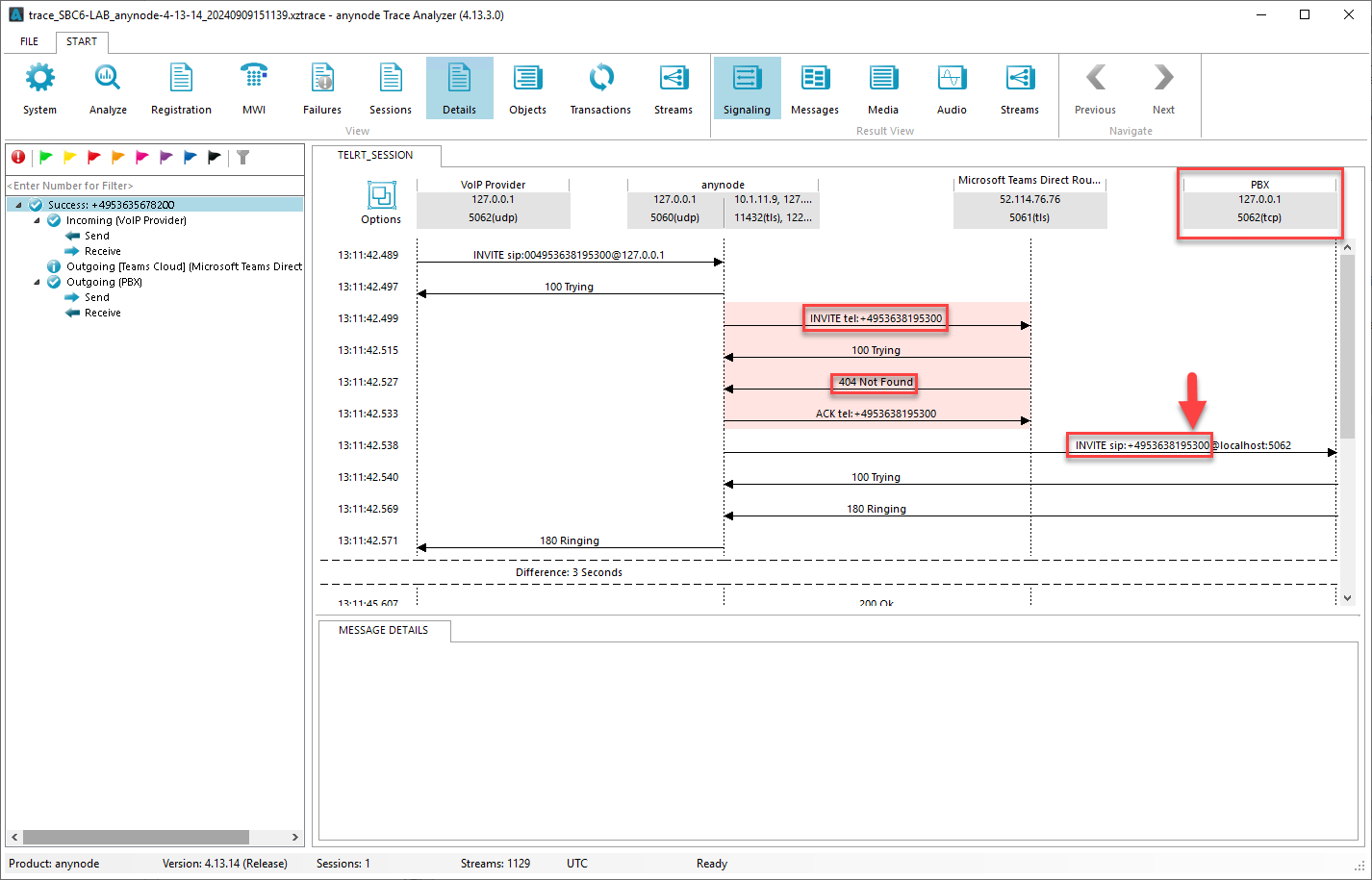 Screenshot: anynode – The Software SBC con traza de un enrutamiento de failover. El número marcado por un participante de Teams con los últimos tres dígitos 300 no está disponible. La respuesta en el mensaje SIP es 404 Not Found. Dado que esto está configurado como un motivo de rechazo en el enrutamiento de failover, y la llamada se redirige a la PBX.